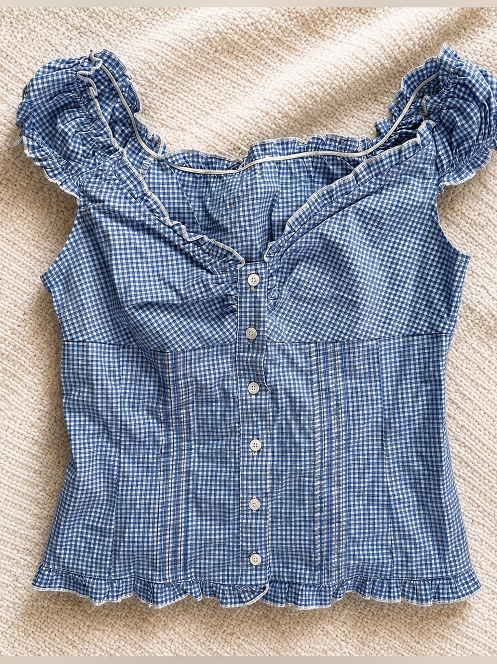 John Galt Blue Gingham Elara Ruffle Top Brandy Melville Cap Puff Sleeve Blouse